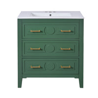 Solan Bathroom Vanity Ceramic Sink, Gold Handles, Green Solid Wood 30 Inch - BM351237
