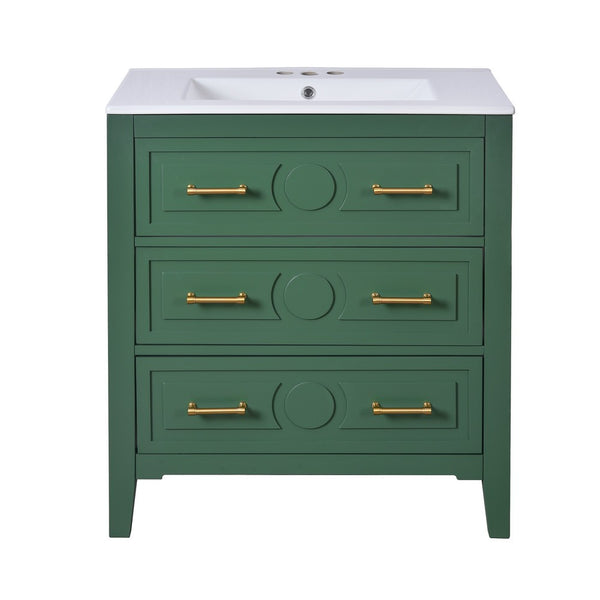 Solan Bathroom Vanity Ceramic Sink, Gold Handles, Green Solid Wood 30 Inch - BM351237