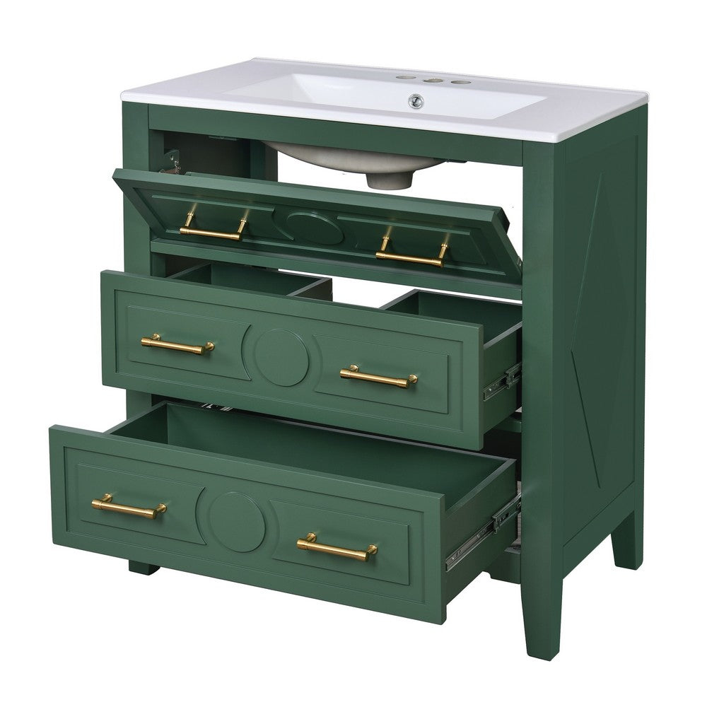 Solan Bathroom Vanity Ceramic Sink, Gold Handles, Green Solid Wood 30 Inch - BM351237