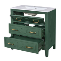 Solan Bathroom Vanity Ceramic Sink, Gold Handles, Green Solid Wood 30 Inch - BM351237