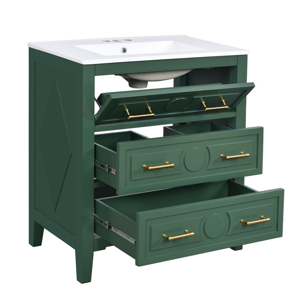 Solan Bathroom Vanity Ceramic Sink, Gold Handles, Green Solid Wood 30 Inch - BM351237