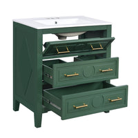 Solan Bathroom Vanity Ceramic Sink, Gold Handles, Green Solid Wood 30 Inch - BM351237