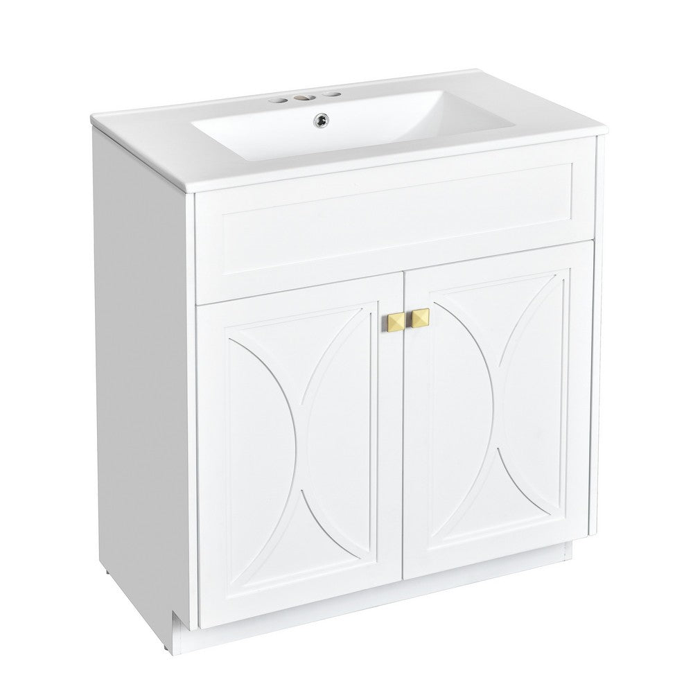 Trixie Bathroom Vanity with Ceramic Sink, Gold Metal, White Wood 30 Inch - BM351238