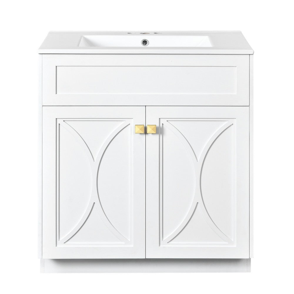 Trixie Bathroom Vanity with Ceramic Sink, Gold Metal, White Wood 30 Inch - BM351238
