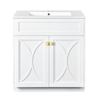 Trixie Bathroom Vanity with Ceramic Sink, Gold Metal, White Wood 30 Inch - BM351238