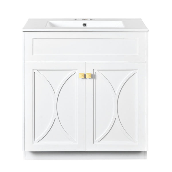 Trixie Bathroom Vanity with Ceramic Sink, Gold Metal, White Wood 30 Inch - BM351238