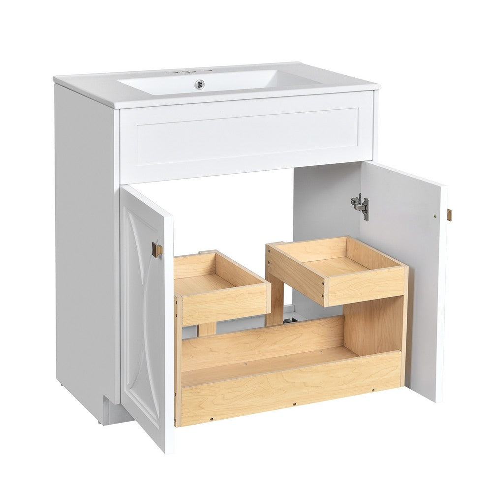Trixie Bathroom Vanity with Ceramic Sink, Gold Metal, White Wood 30 Inch - BM351238