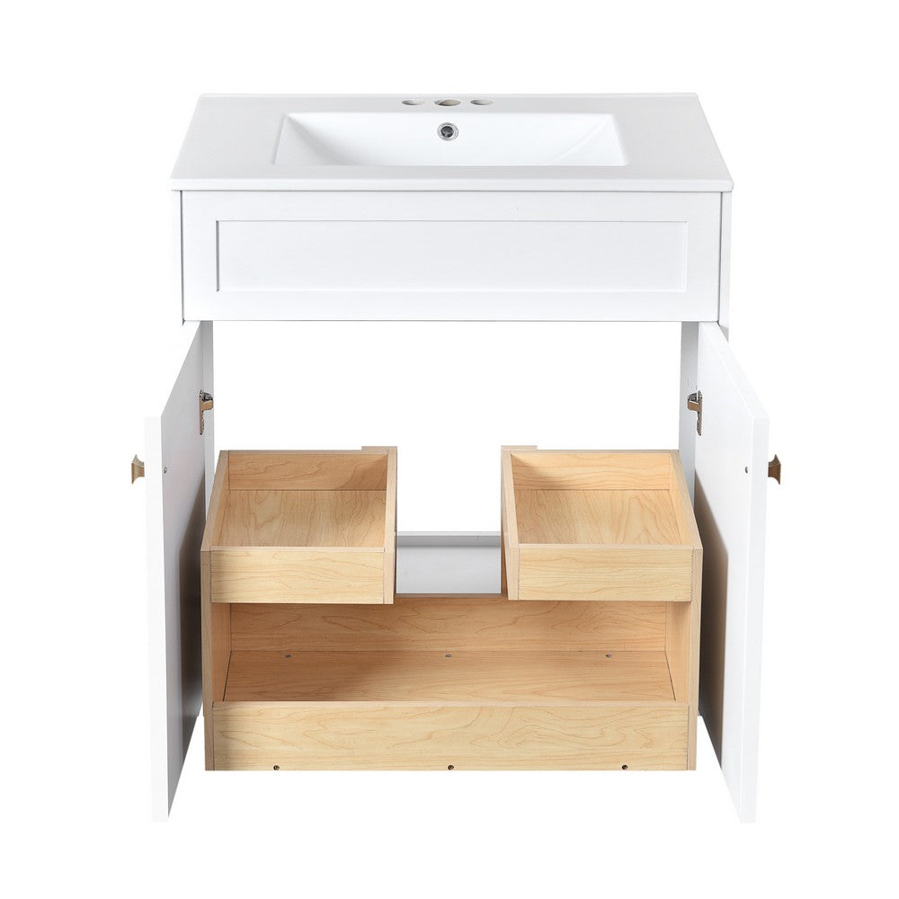 Trixie Bathroom Vanity with Ceramic Sink, Gold Metal, White Wood 30 Inch - BM351238