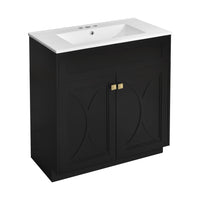 Trixie Bathroom Vanity with Ceramic Sink, Gold Metal, Black Wood 30 Inch - BM351239