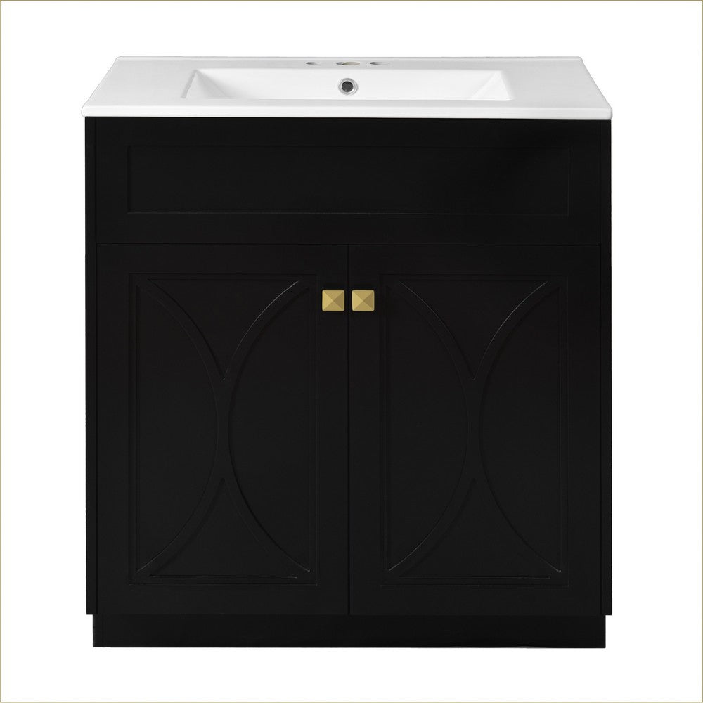 Trixie Bathroom Vanity with Ceramic Sink, Gold Metal, Black Wood 30 Inch - BM351239