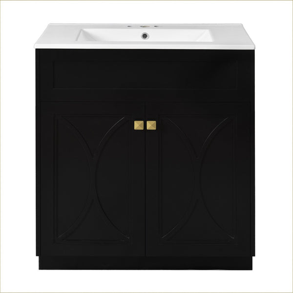 Trixie Bathroom Vanity with Ceramic Sink, Gold Metal, Black Wood 30 Inch - BM351239