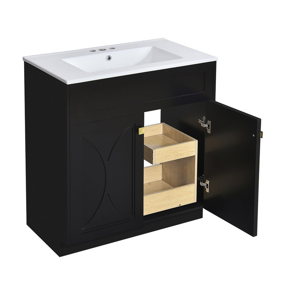 Trixie Bathroom Vanity with Ceramic Sink, Gold Metal, Black Wood 30 Inch - BM351239