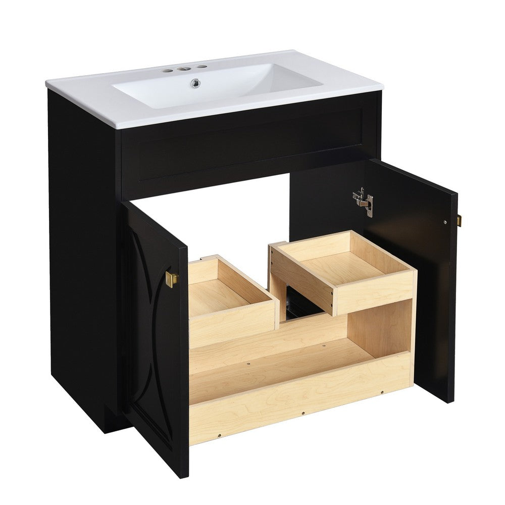 Trixie Bathroom Vanity with Ceramic Sink, Gold Metal, Black Wood 30 Inch - BM351239