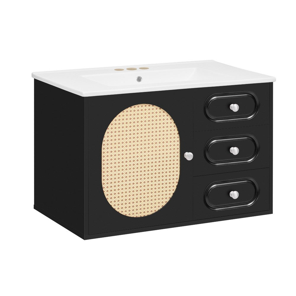 Genie 30 Inch Wall-Mounted Bathroom Vanity, Ceramic Sink, Rattan, Black - BM351240