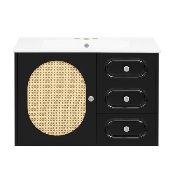 Genie 30 Inch Wall-Mounted Bathroom Vanity, Ceramic Sink, Rattan, Black - BM351240