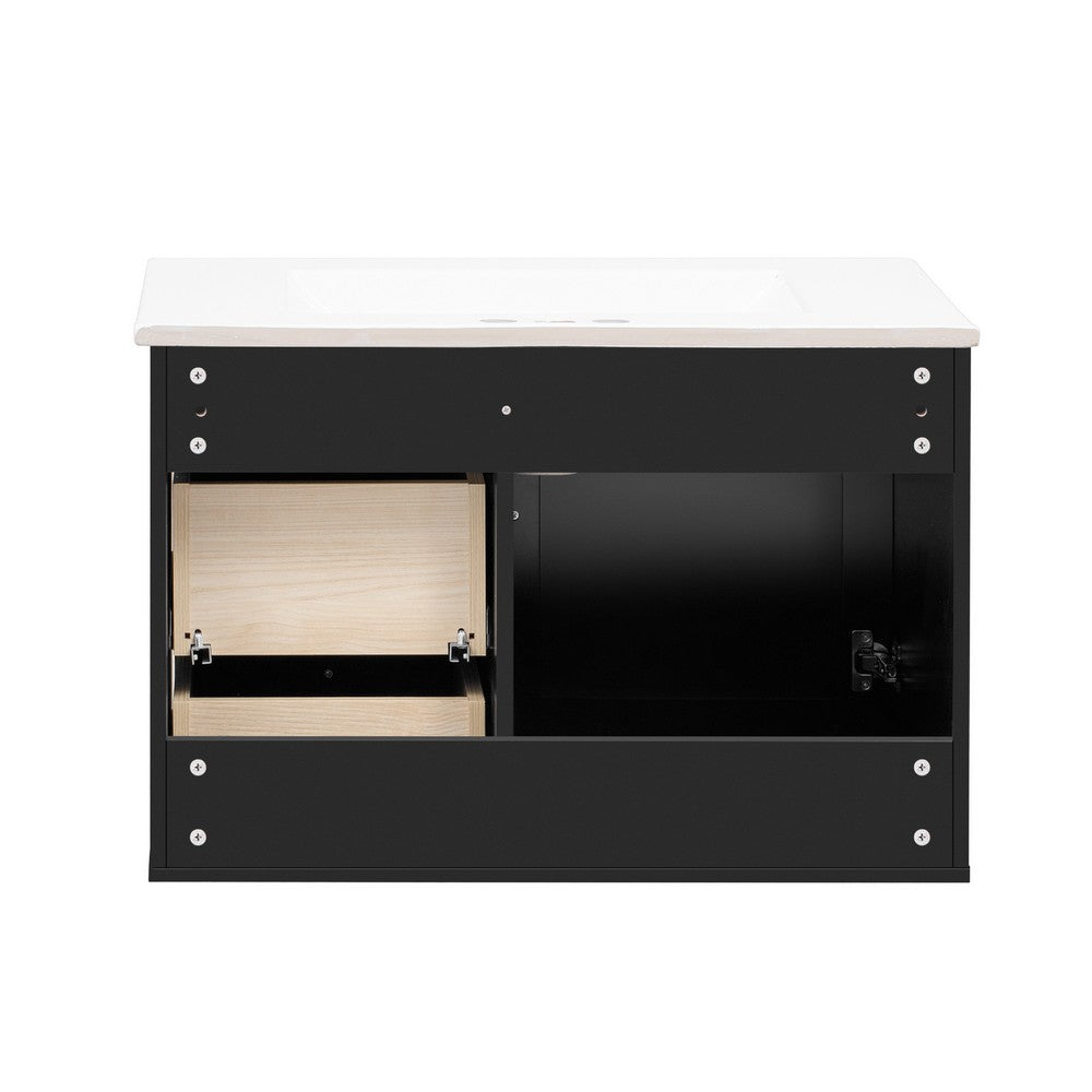 Genie 30 Inch Wall-Mounted Bathroom Vanity, Ceramic Sink, Rattan, Black - BM351240