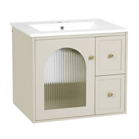 Jacky Wall-Mounted Vanity with Sink, Glass Cabinet Door, Beige Wood 24 Inch - BM351246