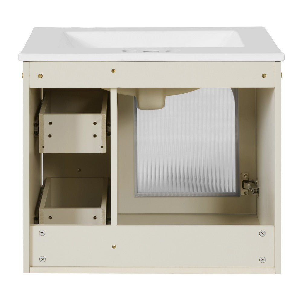 Jacky Wall-Mounted Vanity with Sink, Glass Cabinet Door, Beige Wood 24 Inch - BM351246
