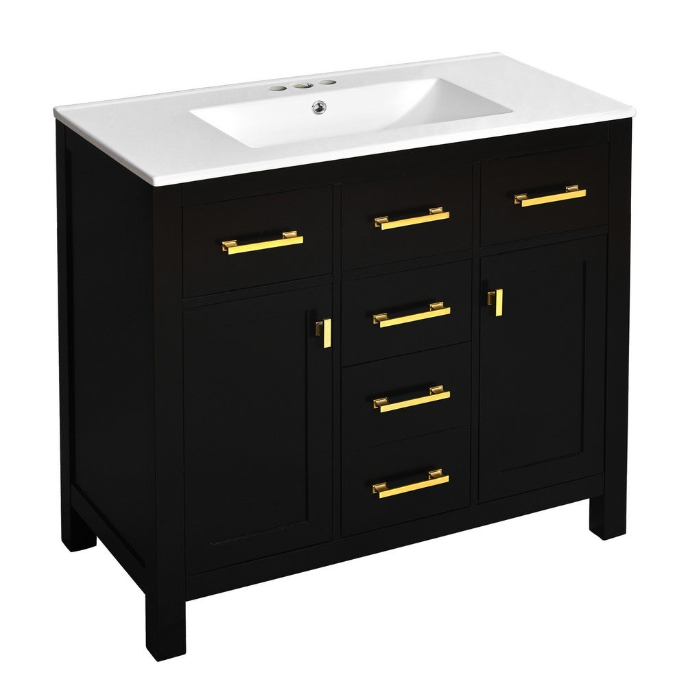 Mindy Bathroom Sink Vanity with Cabinet Doors, Gold, Black Wood 36 Inch - BM351247