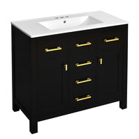 Mindy Bathroom Sink Vanity with Cabinet Doors, Gold, Black Wood 36 Inch - BM351247