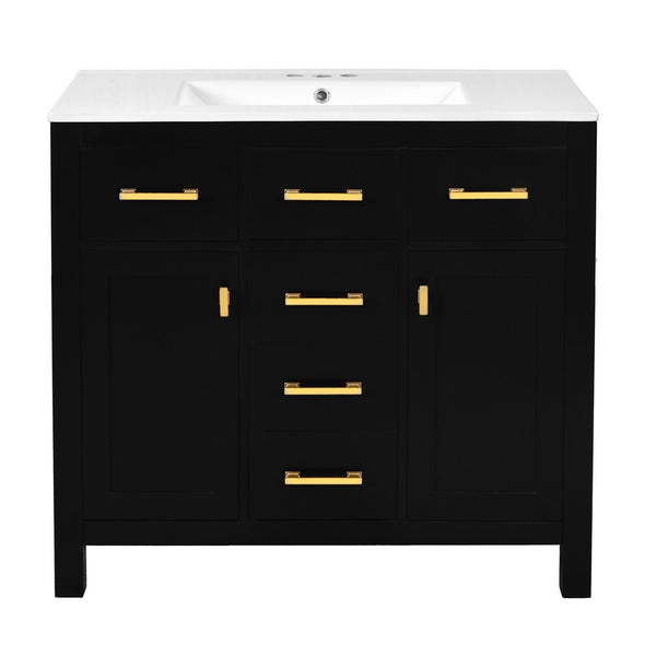 Mindy Bathroom Sink Vanity with Cabinet Doors, Gold, Black Wood 36 Inch - BM351247