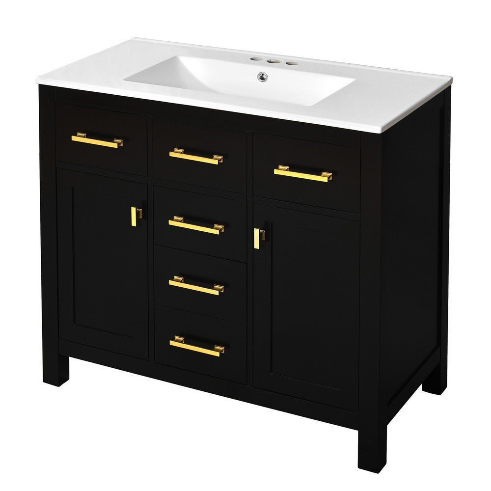Mindy Bathroom Sink Vanity with Cabinet Doors, Gold, Black Wood 36 Inch - BM351247