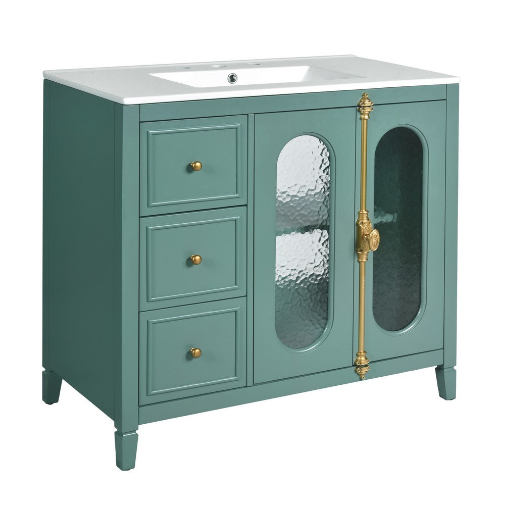 Dandy Bathroom Vanity with Glass Cabinet Doors, 3 Drawers, Green 36 Inch - BM351248