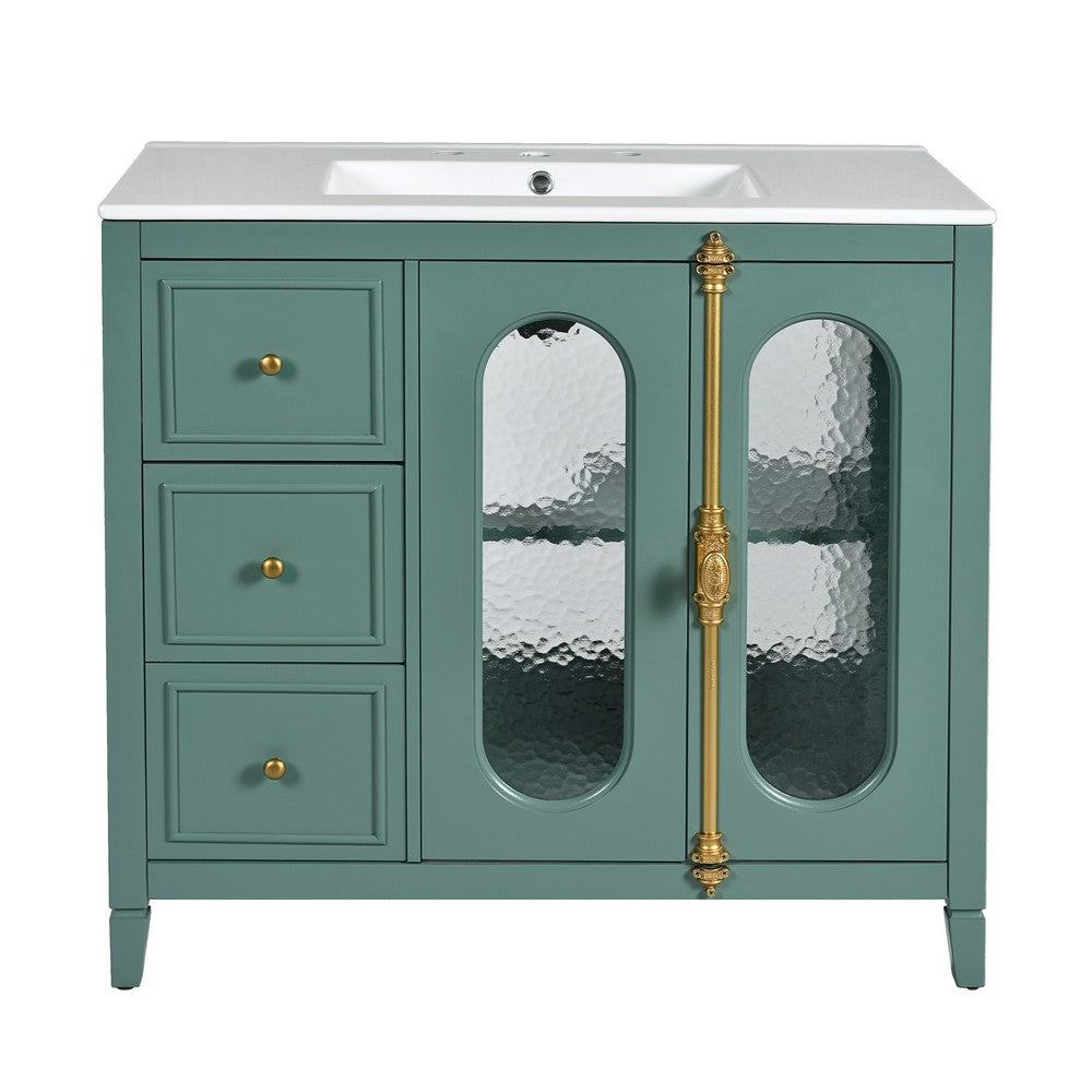 Dandy Bathroom Vanity with Glass Cabinet Doors, 3 Drawers, Green 36 Inch - BM351248
