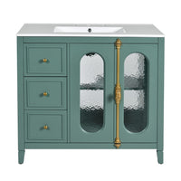 Dandy Bathroom Vanity with Glass Cabinet Doors, 3 Drawers, Green 36 Inch - BM351248