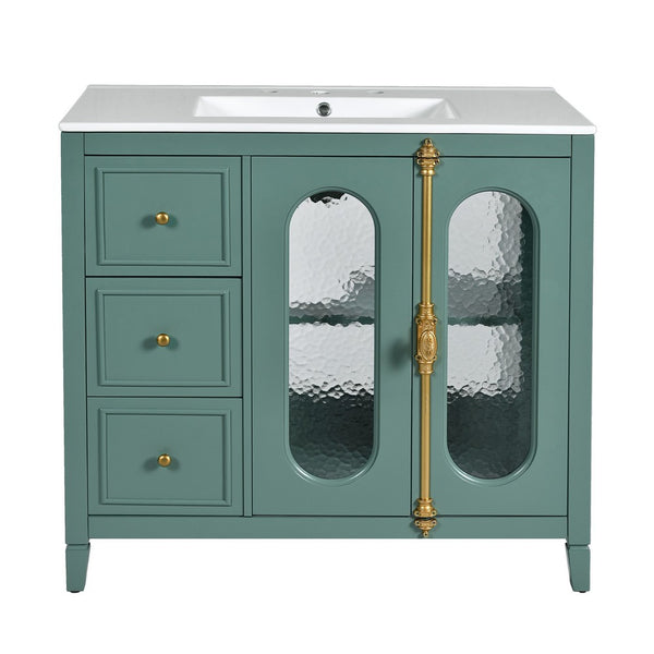 Dandy Bathroom Vanity with Glass Cabinet Doors, 3 Drawers, Green 36 Inch - BM351248