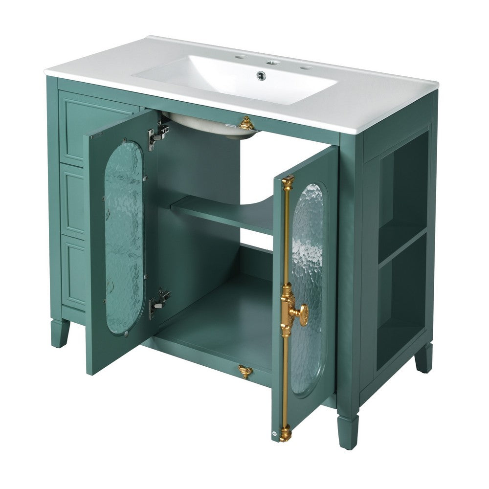 Dandy Bathroom Vanity with Glass Cabinet Doors, 3 Drawers, Green 36 Inch - BM351248