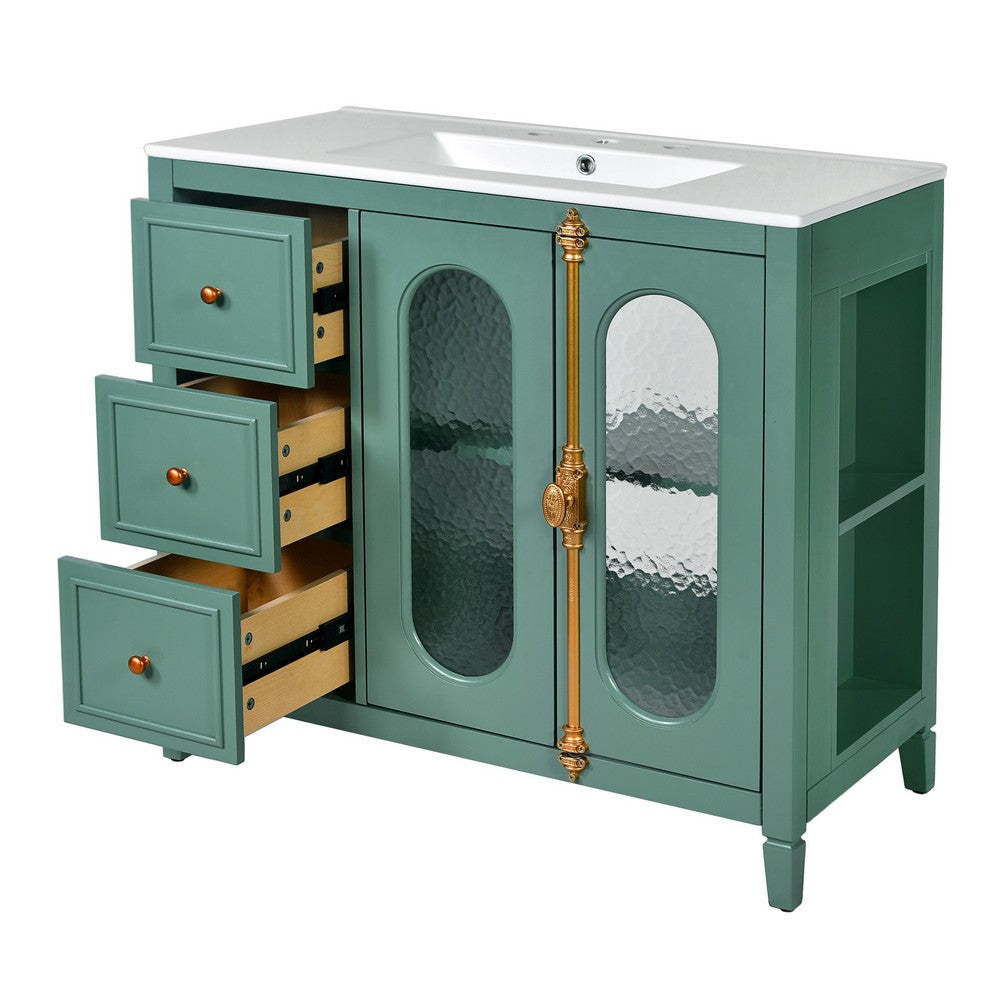 Dandy Bathroom Vanity with Glass Cabinet Doors, 3 Drawers, Green 36 Inch - BM351248