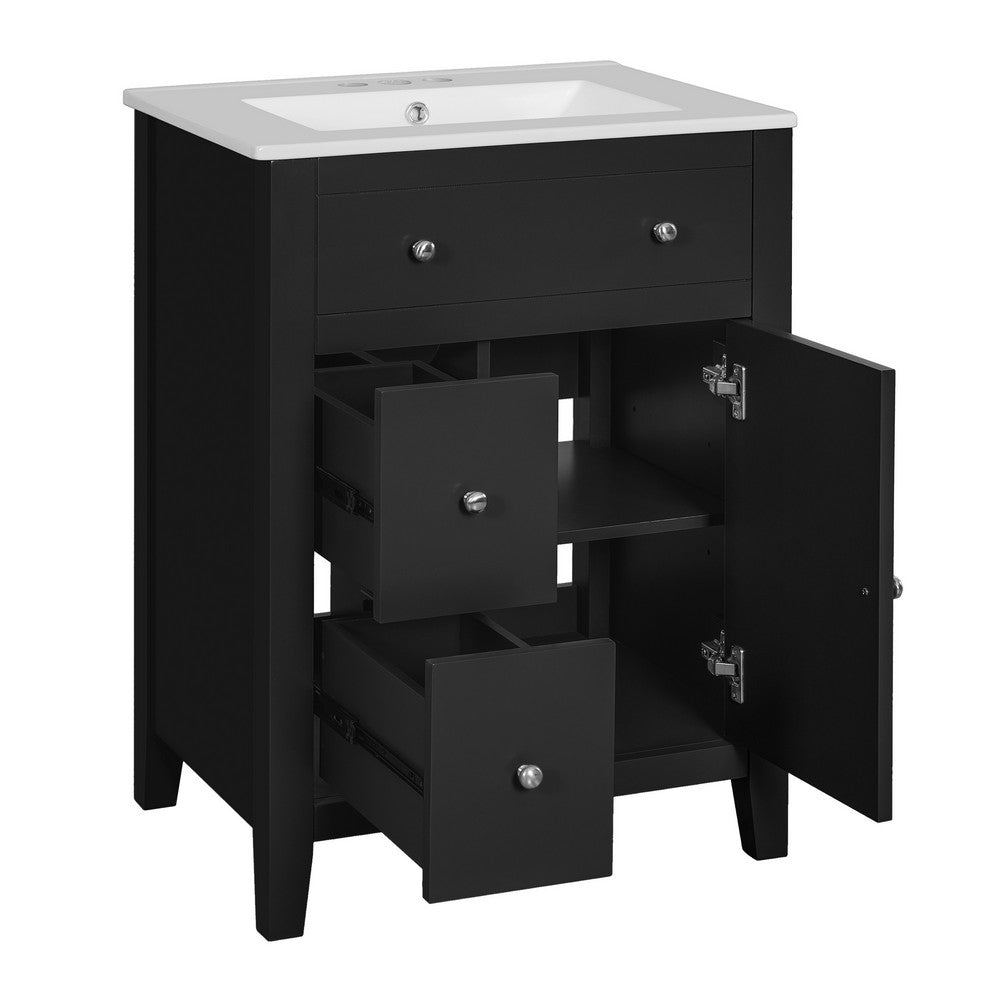 Ryla Bathroom Ceramic Basin Vanity, 2 Drawers, 1 Cabinet Door, Black 24 Inch - BM351251