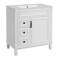 Castor Bathroom Vanity with Ceramic Sink, Drawers and Shelf, White 30 Inch - BM351254