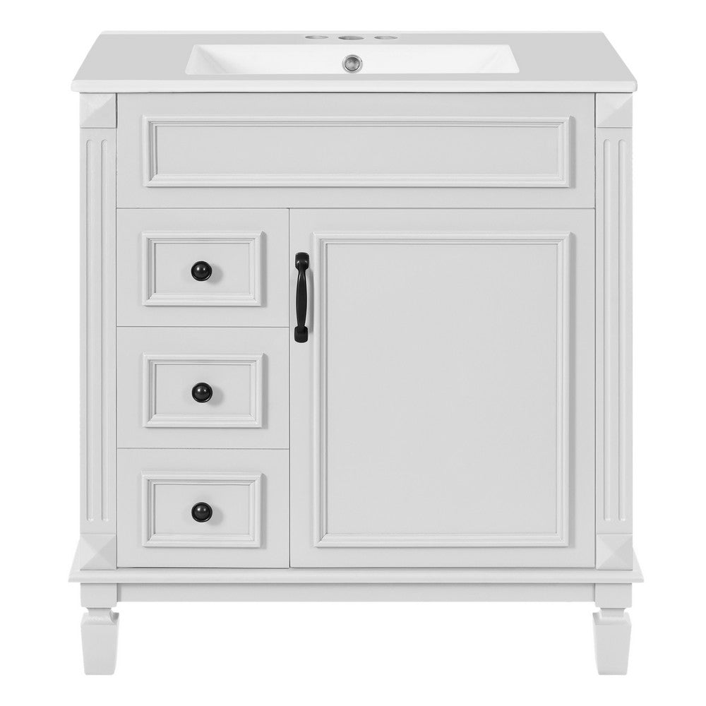 Castor Bathroom Vanity with Ceramic Sink, Drawers and Shelf, White 30 Inch - BM351254