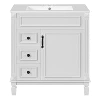 Castor Bathroom Vanity with Ceramic Sink, Drawers and Shelf, White 30 Inch - BM351254