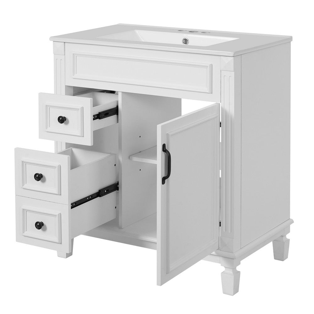 Castor Bathroom Vanity with Ceramic Sink, Drawers and Shelf, White 30 Inch - BM351254