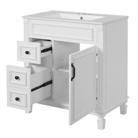 Castor Bathroom Vanity with Ceramic Sink, Drawers and Shelf, White 30 Inch - BM351254