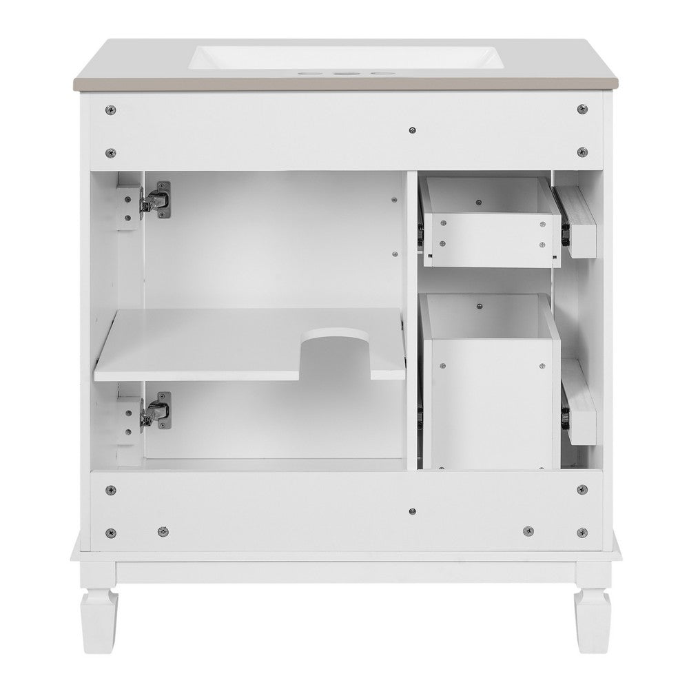 Castor Bathroom Vanity with Ceramic Sink, Drawers and Shelf, White 30 Inch - BM351254