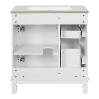 Castor Bathroom Vanity with Ceramic Sink, Drawers and Shelf, White 30 Inch - BM351254