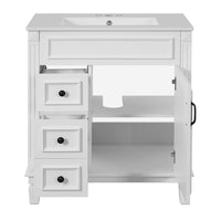 Castor Bathroom Vanity with Ceramic Sink, Drawers and Shelf, White 30 Inch - BM351254