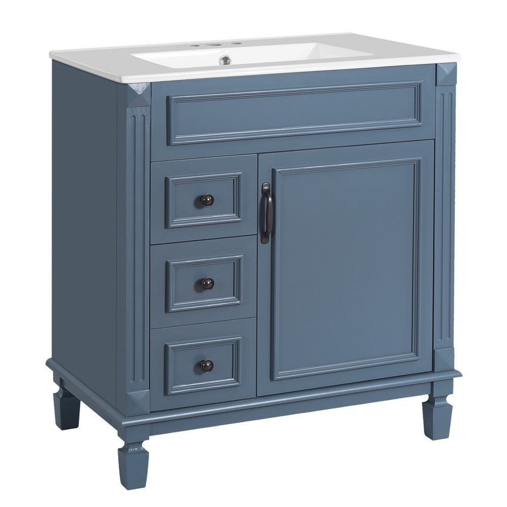 Castor Bathroom Vanity with Ceramic Sink, Drawers and Shelf, Blue 30 Inch - BM351257
