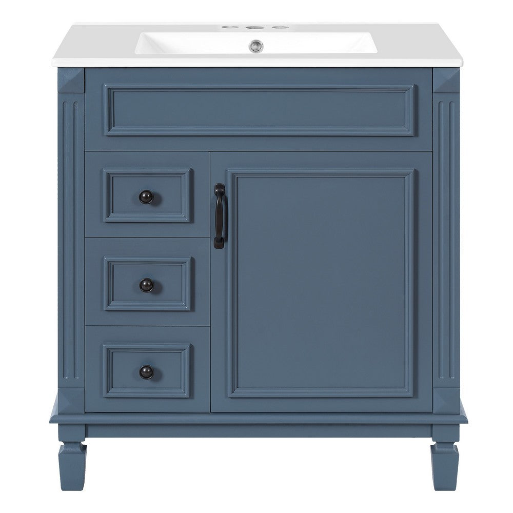 Castor Bathroom Vanity with Ceramic Sink, Drawers and Shelf, Blue 30 Inch - BM351257