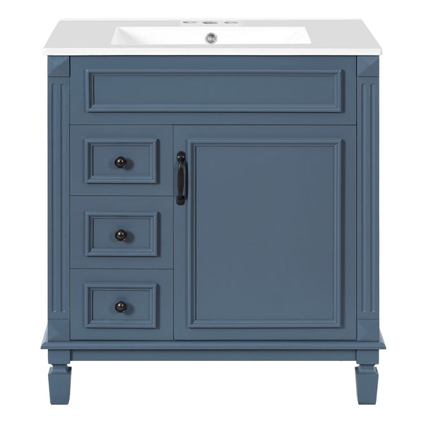 Castor Bathroom Vanity with Ceramic Sink, Drawers and Shelf, Blue 30 Inch - BM351257