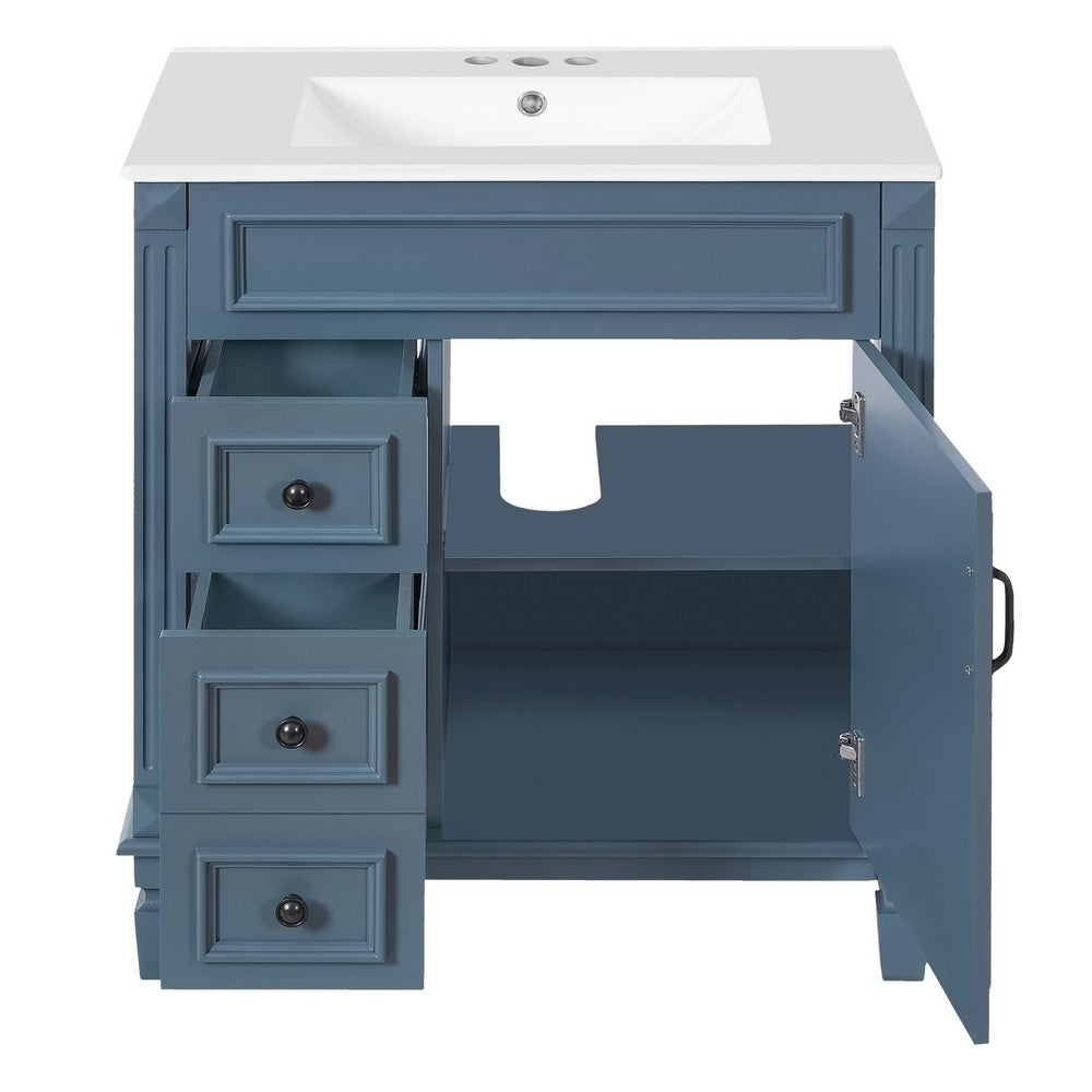 Castor Bathroom Vanity with Ceramic Sink, Drawers and Shelf, Blue 30 Inch - BM351257