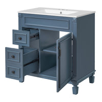 Castor Bathroom Vanity with Ceramic Sink, Drawers and Shelf, Blue 30 Inch - BM351257