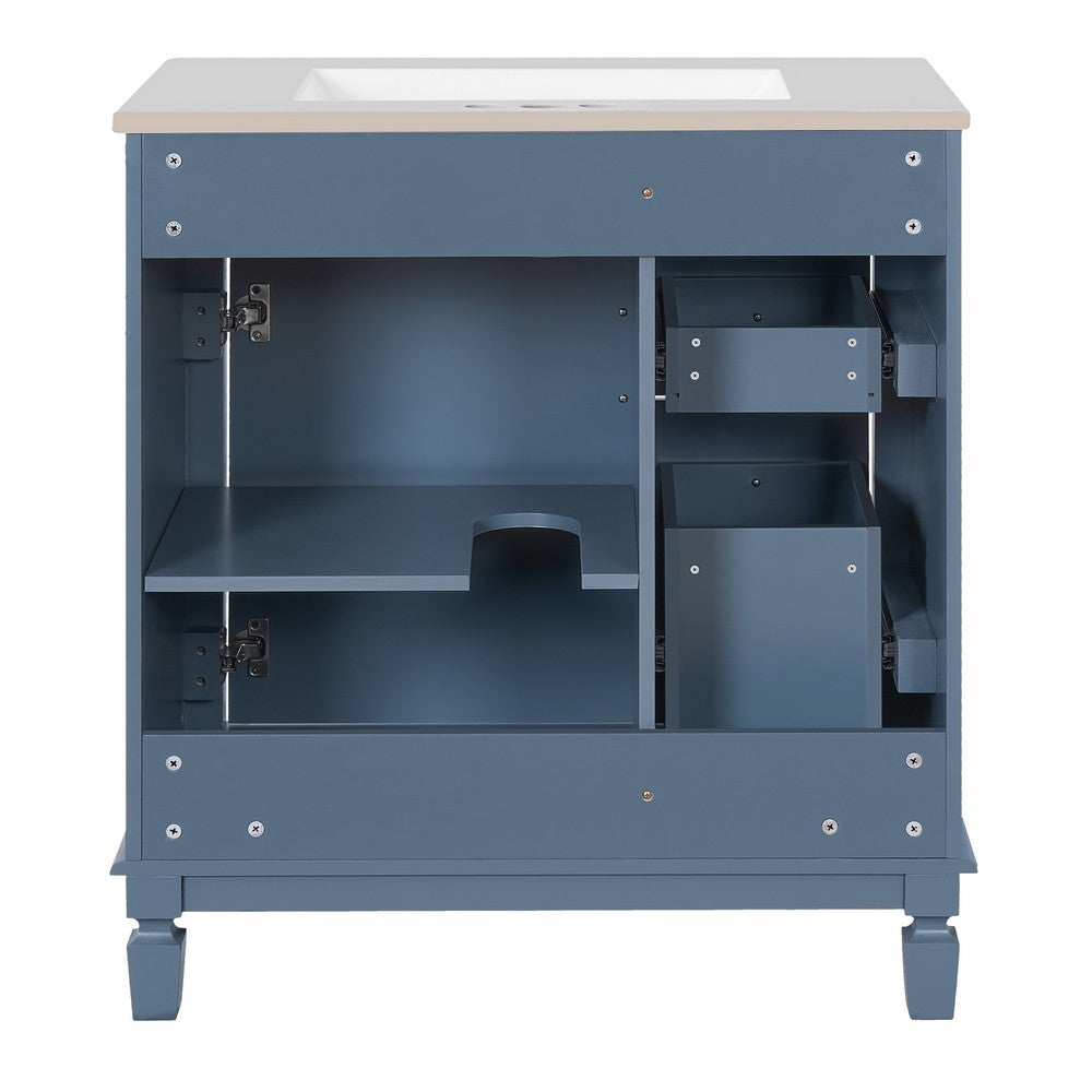 Castor Bathroom Vanity with Ceramic Sink, Drawers and Shelf, Blue 30 Inch - BM351257