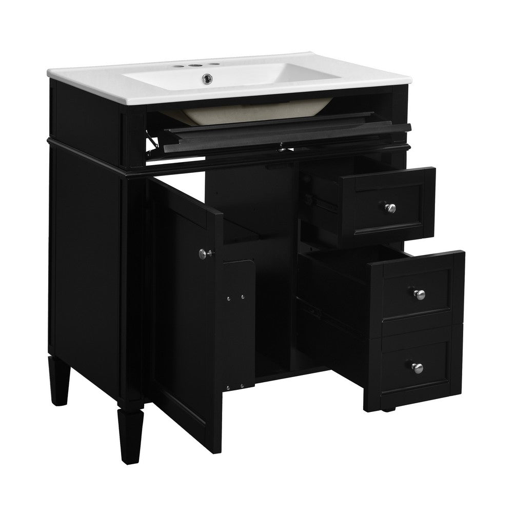 Roze Bathroom Vanity Cabinet with Ceramic Sink, 3 Drawer Black Wood 30 Inch - BM351258