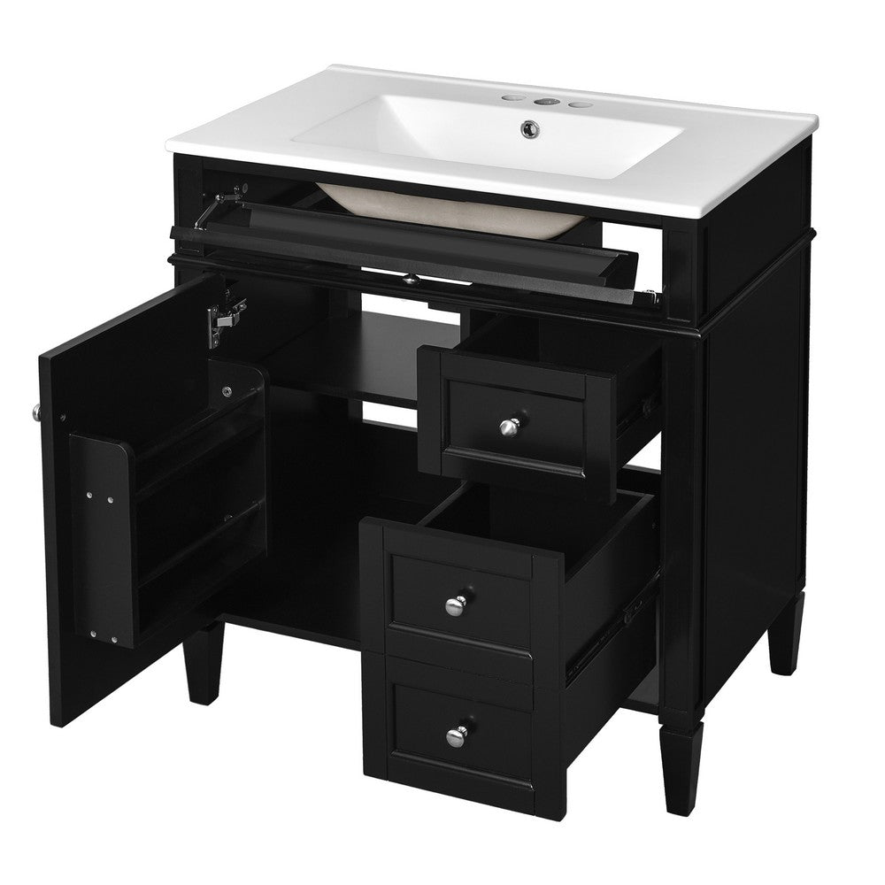 Roze Bathroom Vanity Cabinet with Ceramic Sink, 3 Drawer Black Wood 30 Inch - BM351258