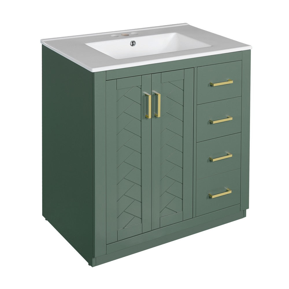 Sarba Bathroom Cabinet Vanity w Ceramic Sink, Gold Metal Green Wood 30 Inch - BM351259